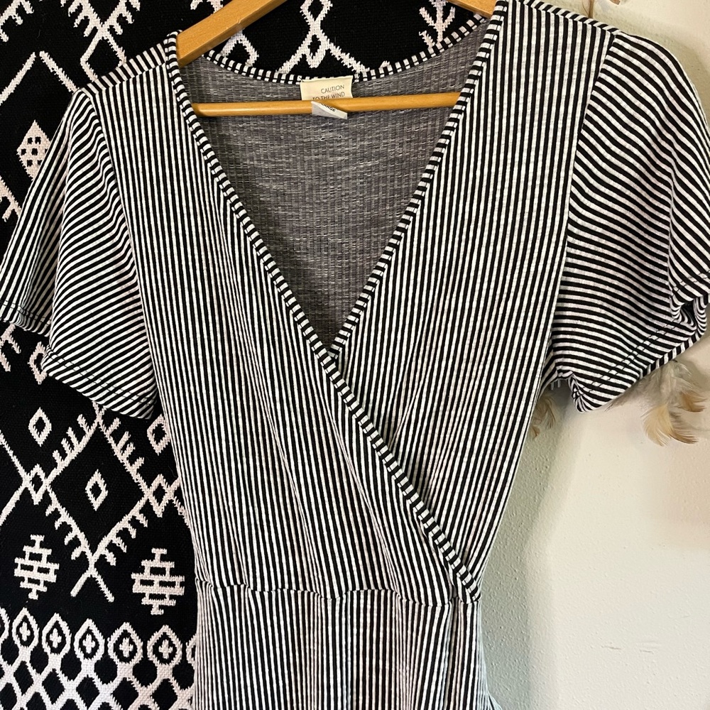 Black and White pinstripe faux wrap dress with tie